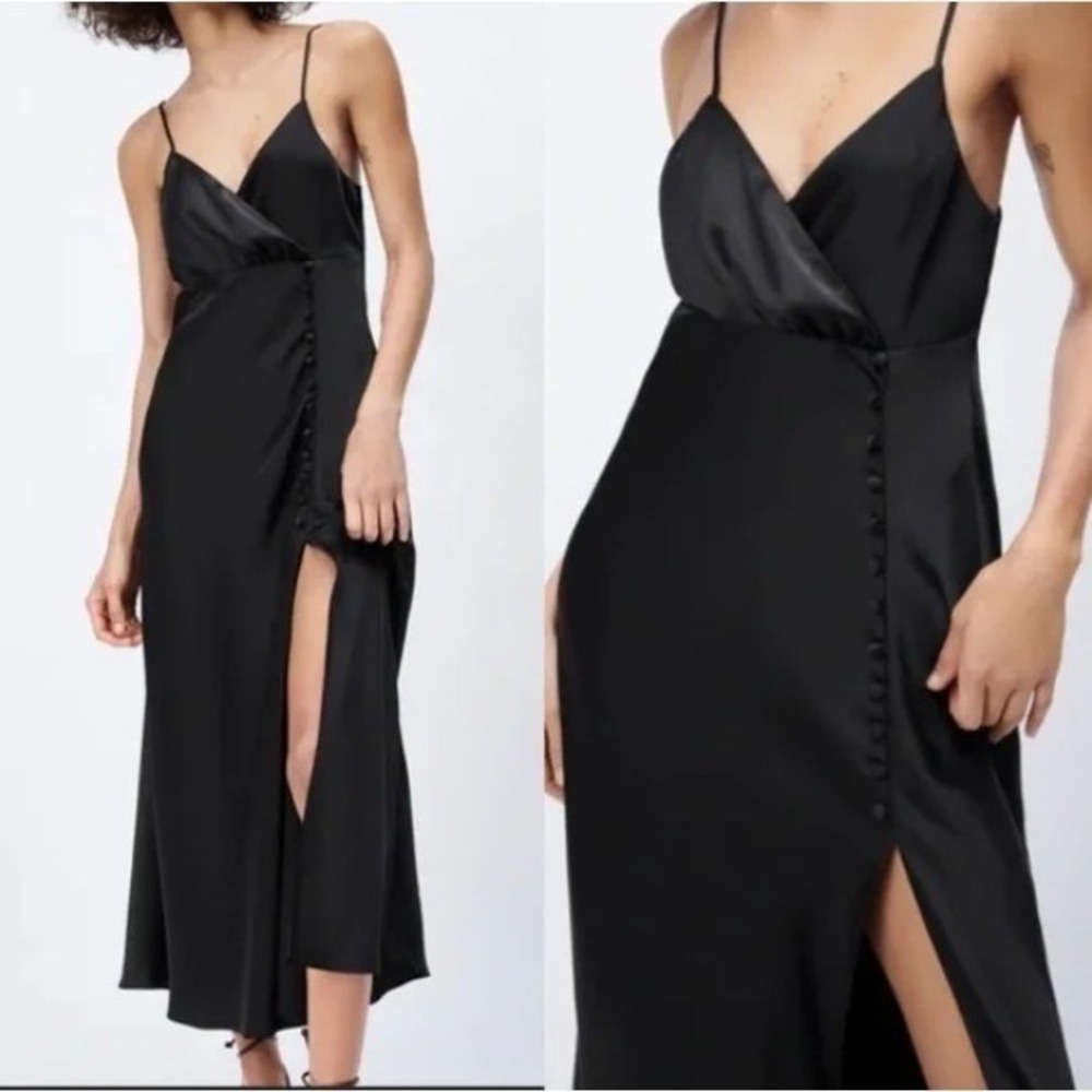 Zara Satin Effect Slip Dress with Buttons Midi Dress Side Slit Evening Gown S - Picture 2 of 11